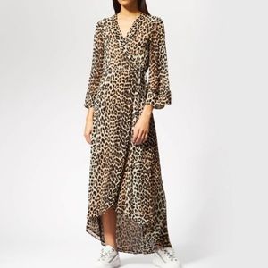 GANNI Leopard Print Tie Wrap Front Maxi Dress